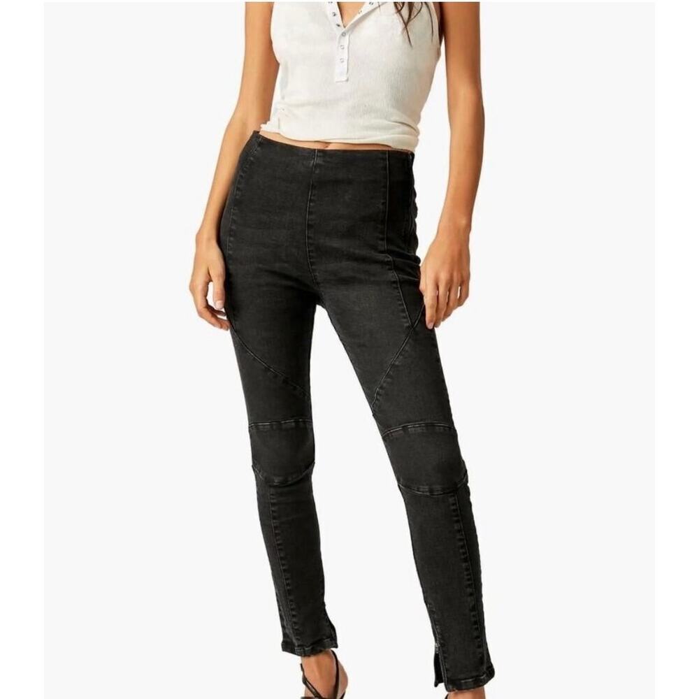 Free People We The Free Moto Skinny Jeans Black Zip Ankle High Rise 27 NWT